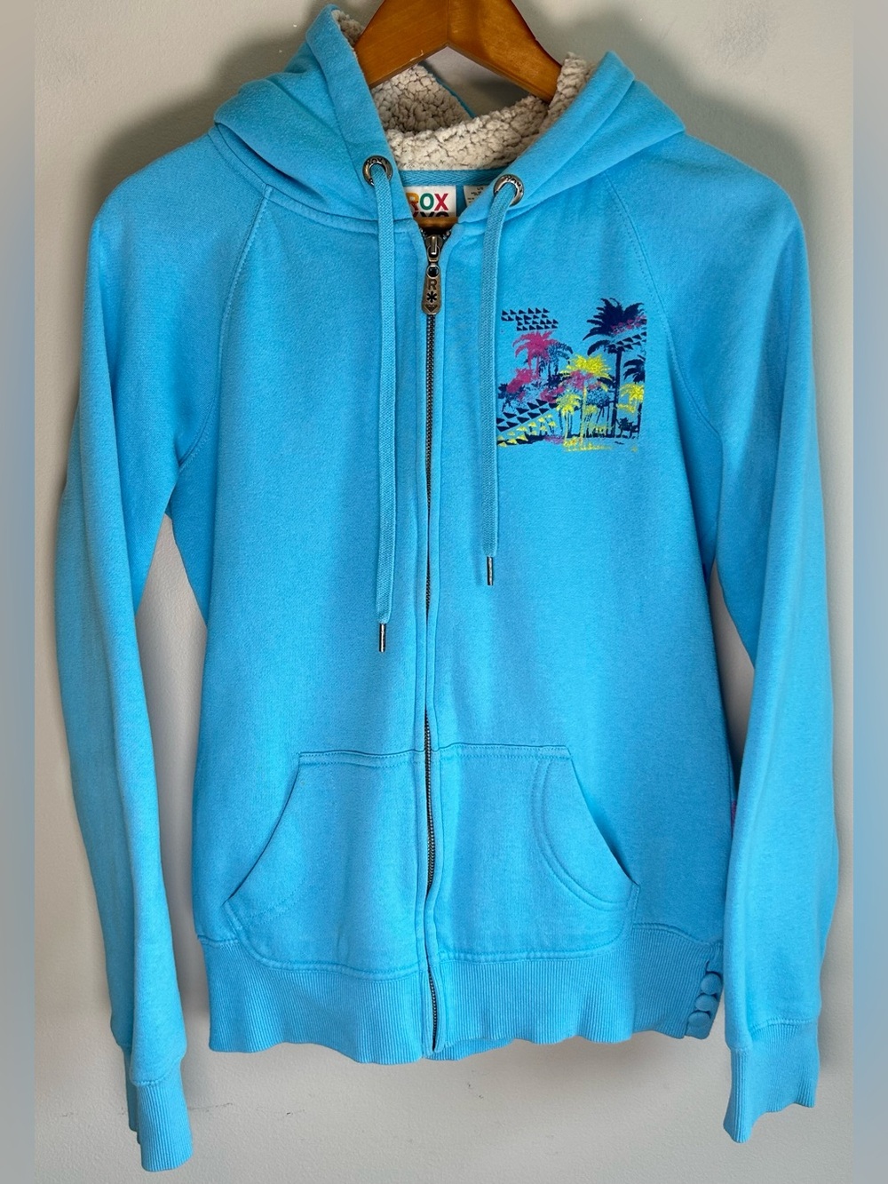 Vintage Roxy Full Zip Hoodie Sweater Women’s L Beach Palm Trees Blue Sherpa Hood